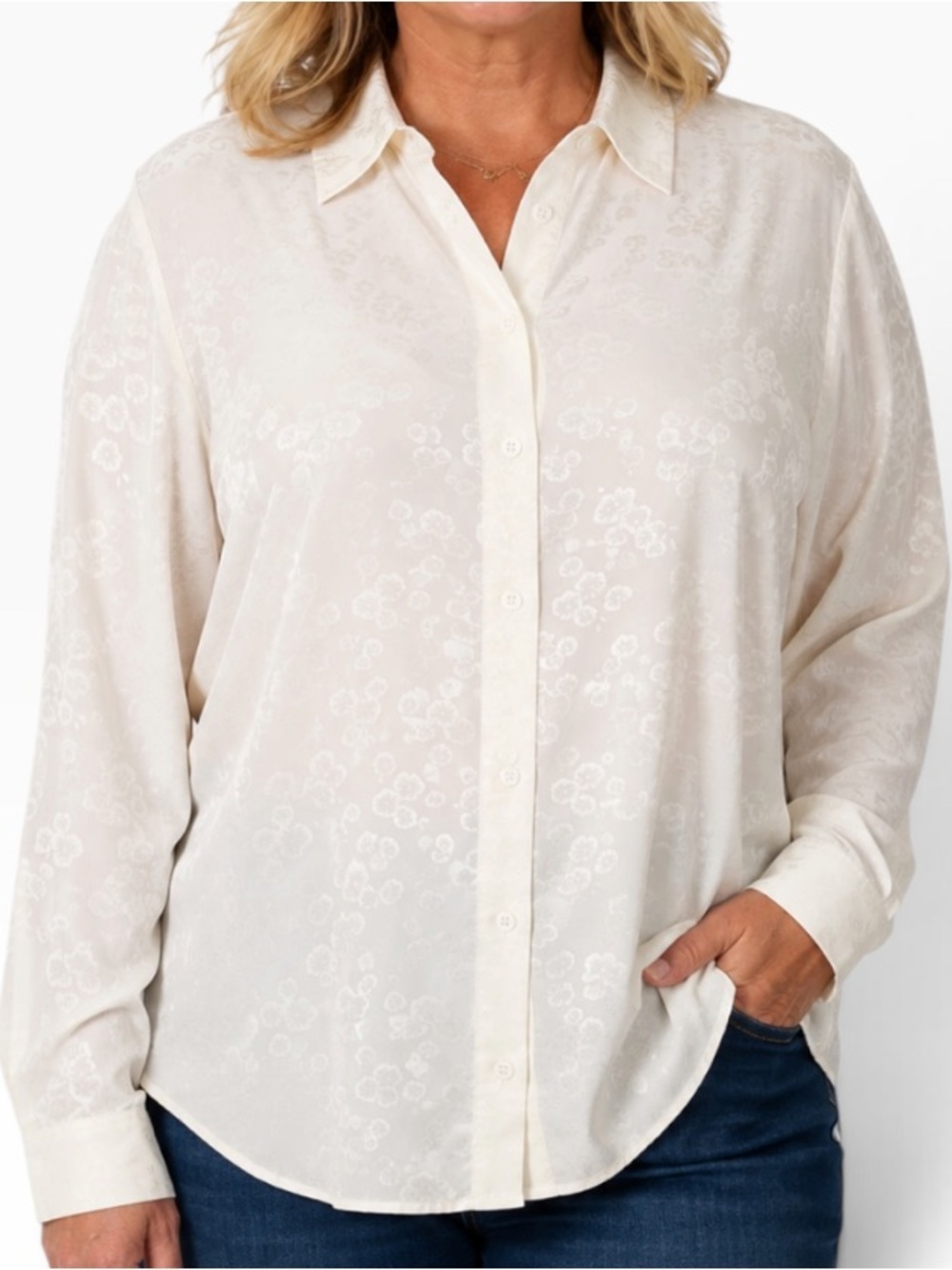 Lela Rose Pearl Ivory Jacquard Tone on Tone Floral Button-Down Blouse XL